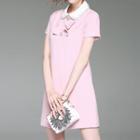 Faux Pearl Collared Short Sleeve Dress