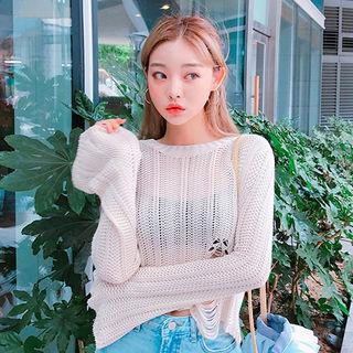 Bell-sleeve Distressed Net Sweater