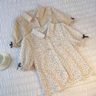 Wood Ear Trim Puff-sleeve Lapel Floral Short-sleeve Top