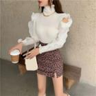 Ruffled Turtleneck Knit Top / Leopard Print Mini Skirt