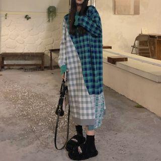 Panel Plaid Long-sleeve Dress Grayish Blue - One Size