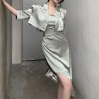 Short-sleeve Satin Blazer / Spaghetti Strap Dress