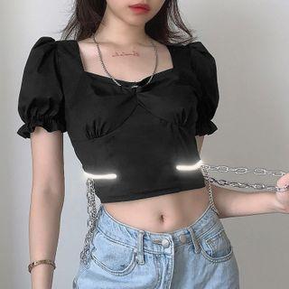 Puff-sleeve Chained Cutout Crop Top