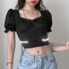 Puff-sleeve Chained Cutout Crop Top