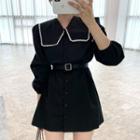 Long-sleeve Lace Trim Mini Collared Dress Black - One Size