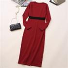 Long-sleeve Midi Ribbed A-line Dress