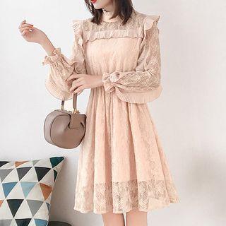 Ruffle Trim Long-sleeve A-line Lace Dress