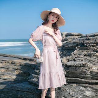 Short-sleeve Sequined Plaid Midi A-line Dress