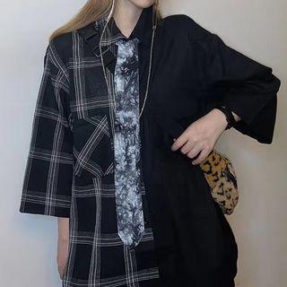 Pattern Paneled 3/4-sleeve Shirt As Shown In Figure - One Size