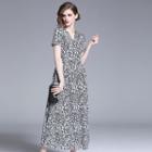 Short-sleeve Leopard Print A-line Maxi Dress