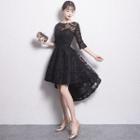 Applique Elbow-sleeve Asymmetric Hem A-line Cocktail Dress