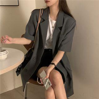 Elbow-sleeve Double-breasted Blazer Blazer - Short Sleeve - Gray - One Size