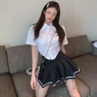 Short Sleeve Crop Shirt / High Waist Pleated Mini Skirt