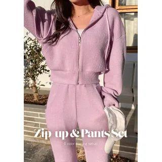 Zip Hoodie & Bootcut Pants Knit Set
