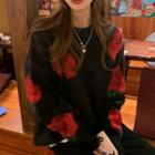 Rose Pattern Sweater Floral - Black - One Size