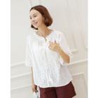 Tassel-neck 3/4-sleeve Perforated Top