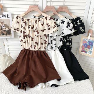 Boatneck Bow-print Ruffled Playsuit