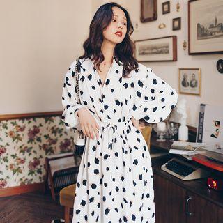 Drawstring Printed Long-sleeve Dress Off-white - One Size