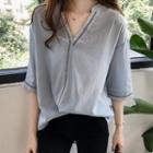 Elbow-sleeve Embroidered V-neck Blouse