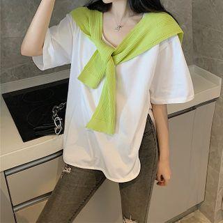 Plain Elbow-sleeve T-shirt / Knit Cape