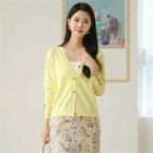 V-neck Button-cuff Cardigan Yellow - One Size