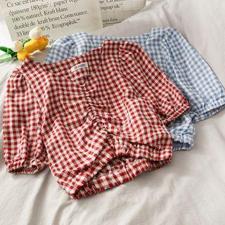 Ruched Checker Crop Blouse In 6 Colors