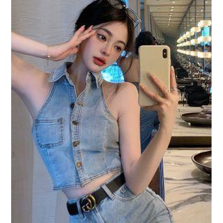 Collar Denim Crop Tank Top