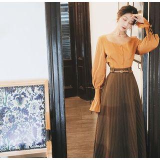 Set: Square-neck Flared-sleeve Blouse + Pinstriped Midi A-line Skirt