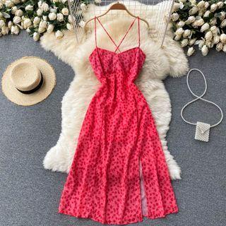 Square-neck Suspender Slit Print Dress