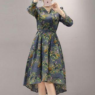 Floral Print V-neck Midi A-line Dress