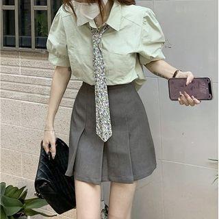 Short-sleeve Tie-neck Shirt / Mini Skirt