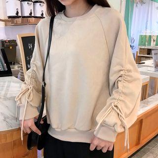 Ruched Sleeve Round Neck Pullover