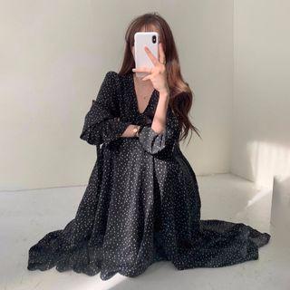V-neck Bell-sleeve Drawstring Floral Print Dress Black - One Size