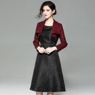 Set: Plaid Cropped Jacket + Sleeveless Jacquard A-line Dress Set - Jacket - Plaid - Red - S / Dress - Black - S