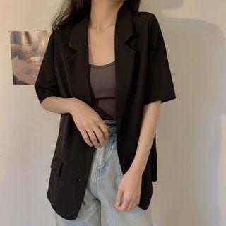 Lapel Collar Short-sleeve Plain Blazer Black - One Size