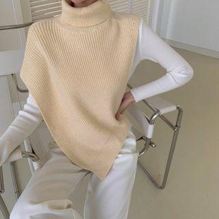Plain Long-sleeve Slim-fit Top / Turtle-neck Knit Vest