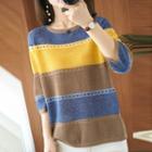 3/4-sleeve Color Block Striped Knit Top