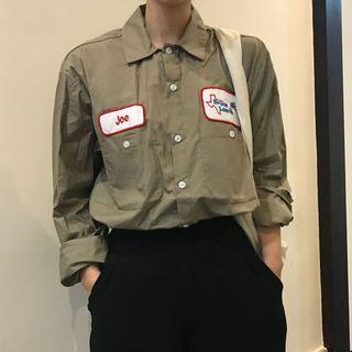 Applique Long-sleeve Shirt Army Green - One Size