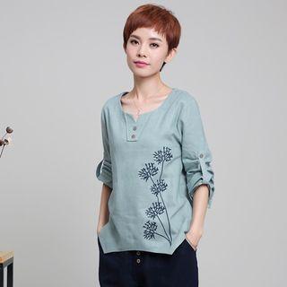 Tab-sleeve Notched-neck Embroidered Blouse