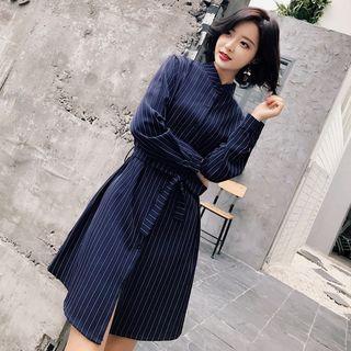 Pinstripe Long-sleeve Stand-collar Shirtdress