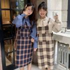 Plain Long-sleeve Loose-fit Blouse / Plaid Jumper Dress