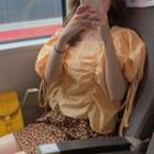 Puff-sleeve Plaid Top / Mini Leopard Print A-line Skirt