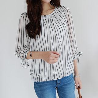 Beribboned 3/4-sleeve Stripe Chiffon Blouse
