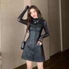Long-sleeve Rhinestone Mesh Top / Faux Leather Mini A-line Overall Dress