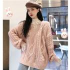 V-neck Cable Knit Sweater / Mock-turtleneck Long-sleeve Lace Top