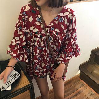 Elbow-sleeve Leaf Print Top