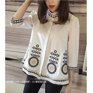 Embroidered Band Collar 3/4 Sleeve Shirt