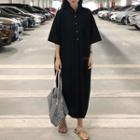 Plain Elbow-sleeve Midi Polo Shirt Dress