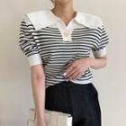 Puff-sleeve Striped Polo Knit Top
