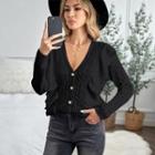 V-neck Ribbed Ruffle Trim Button-up Sweater